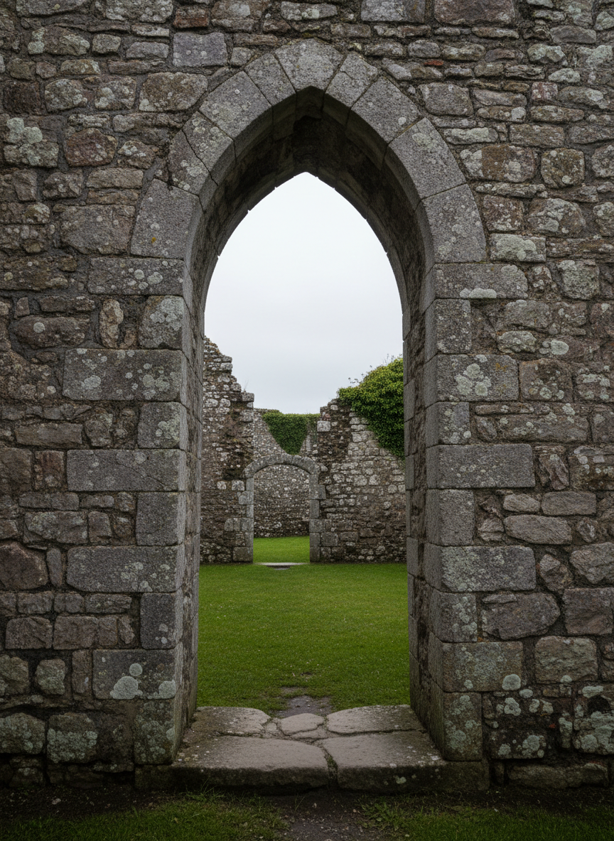 An intimate photographic scene of a narrow stone archway within Selskar Abbey, its rough, hand-cut blocks of pale grey stone stacked unevenly, edges softened by centuries of weather. The arch opens onto a small enclosed courtyard with low ruins and trimmed green grass. Diffused overcast daylight from above gently illuminates the textures of the masonry, emphasizing cracks, lichen, and chisel marks, while soft shadows deepen the arch’s interior. The composition uses the arch as a natural frame, shot from a slightly low angle with strong depth of field, drawing the viewer’s eye through to the courtyard beyond. The atmosphere is contemplative and historical, focusing on architectural detail in a realistic, documentary photographic style.