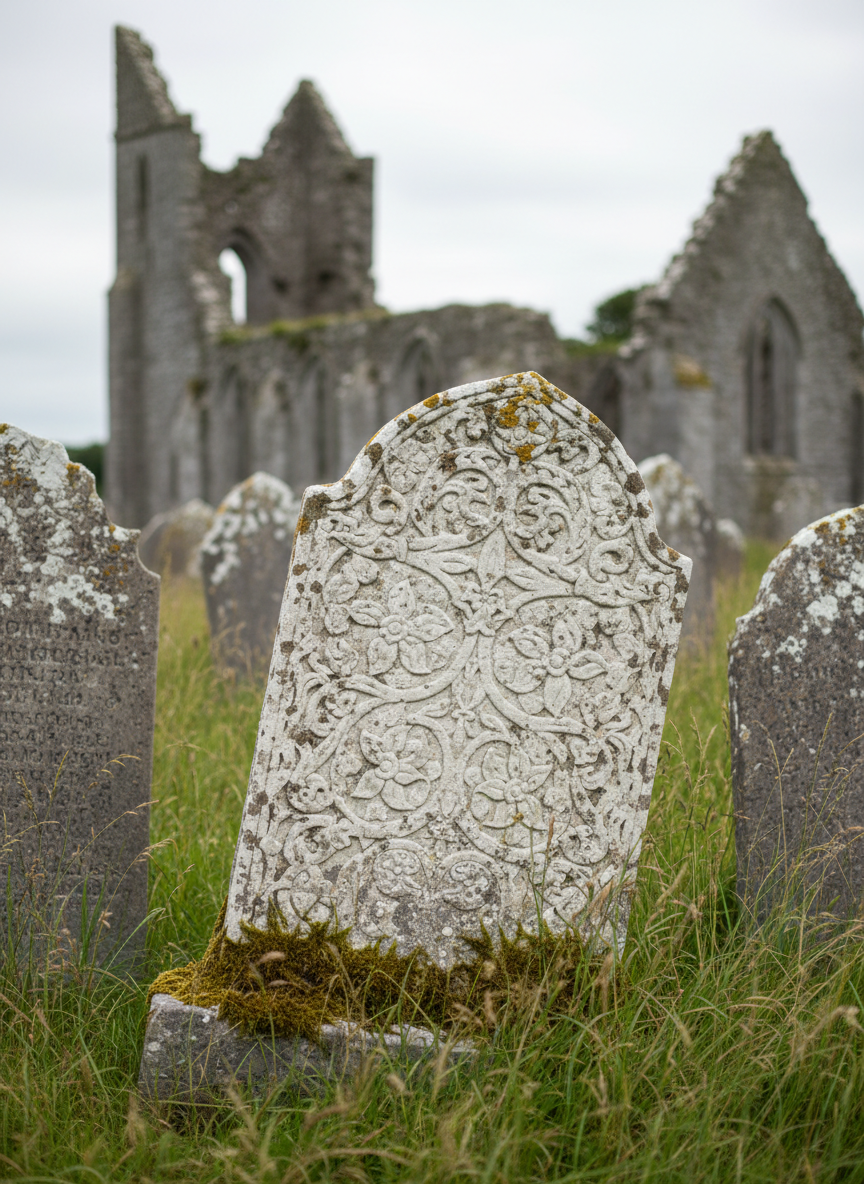 A detailed photographic view of an old gravestone within the grounds of Selskar Abbey, its tall, slightly leaning slab of pale stone covered in faint, worn carvings and soft patches of moss at the base. The gravestone stands among a cluster of similar markers, with the abbey’s broken tower and roofless walls visible but softly blurred in the background. Overcast daylight casts a gentle, even light with almost no harsh shadows, enhancing the solemn, reflective atmosphere. Captured at eye level with a medium depth of field, the stone is in crisp focus while the ruins recede, creating an educational, respectful composition that highlights the site’s long history and heritage.