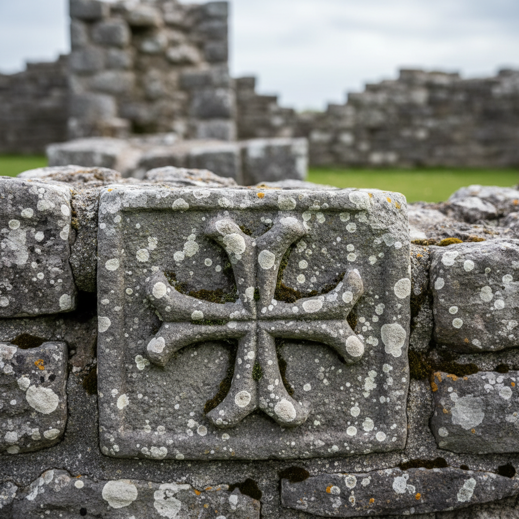 A photographic close-up of a carved stone detail at Selskar Abbey, showing an ancient weathered cross motif etched into a block of mottled grey limestone, its edges rounded and softened. Fine green moss fills the recesses and tiny white lichen spots dot the surface. The stone is part of a low wall, with other blurred stones receding into the background. Soft side lighting from a cloudy sky creates subtle highlights and small shadows that reveal every groove and imperfection. Captured with a shallow depth of field and tight framing, the composition feels intimate and scholarly, emphasizing the abbey’s craftsmanship and heritage in a clean, professional documentary style.
