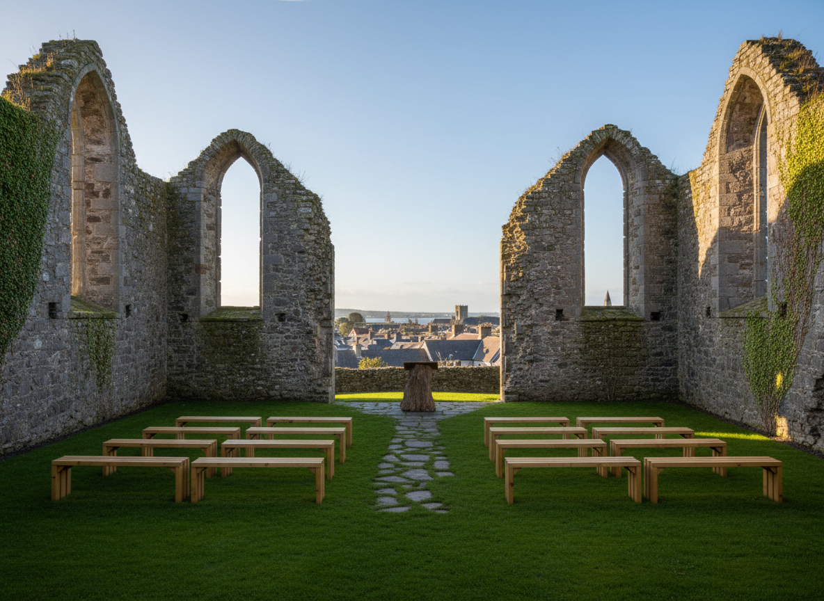 A photographic overview of the interior ruins of Selskar Abbey arranged like a quiet outdoor classroom, with simple, light wooden benches aligned on the neatly cut green grass between the remaining stone walls. The tall, broken walls with arched window openings rise on either side, framing a glimpse of Wexford’s town rooftops beyond. Gentle morning daylight washes evenly across the scene, giving soft shadows beneath the benches and a tranquil, educational feel, as if ready for a guided tour talk. Shot from a slightly elevated angle using the rule of thirds, the composition balances heritage architecture and organized seating, conveying a professional, welcoming atmosphere for daily tours.