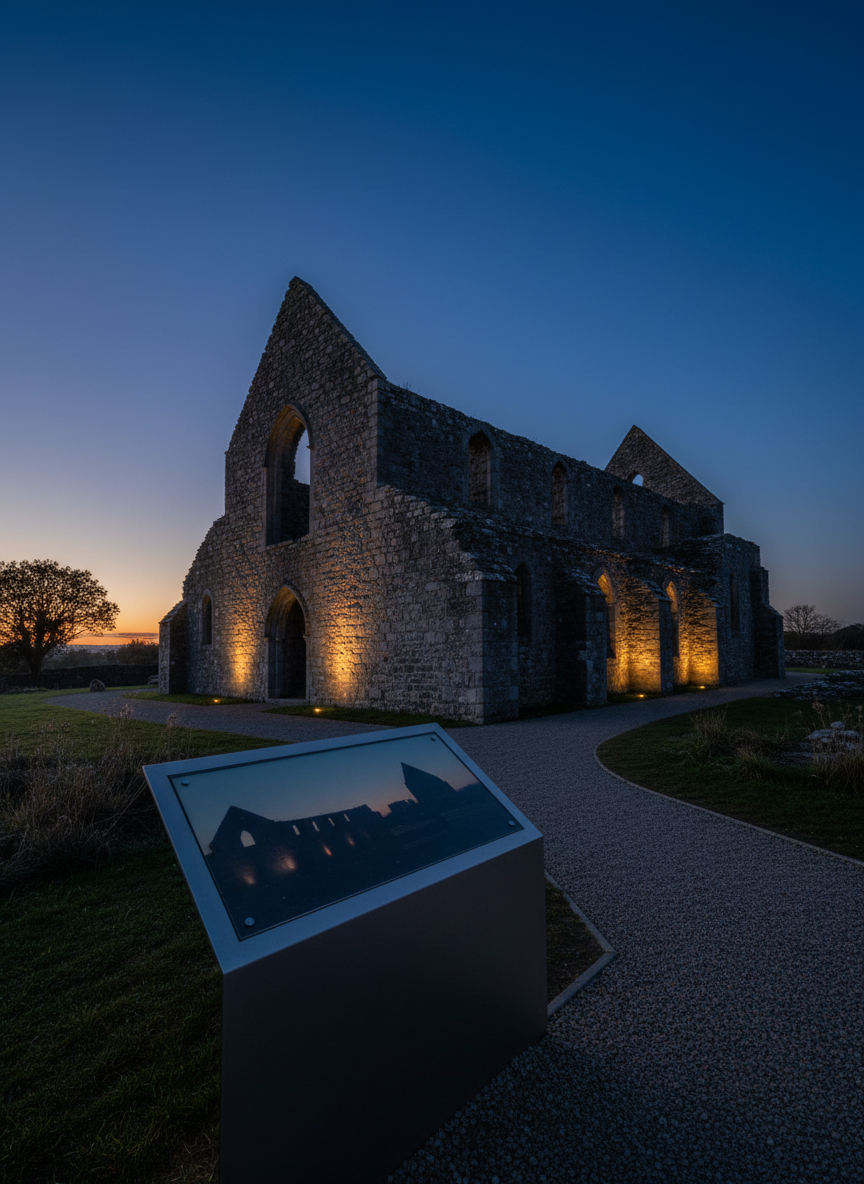A twilight photographic view of Selskar Abbey captured just after sunset, the stone ruins silhouetted gently against a deep blue sky with a faint warm glow near the horizon. Discreet ground-level uplights cast soft, golden beams onto sections of the grey masonry, revealing arches and window openings while leaving other areas in subtle shadow. In the foreground, a simple information panel made of brushed metal and clear acrylic stands near a gravel path, its surface reflecting the ambient light without any readable text. The composition uses a low angle, leading the eye from the path to the illuminated walls, creating a dignified, heritage-focused mood that suggests professionally managed, daily tours.