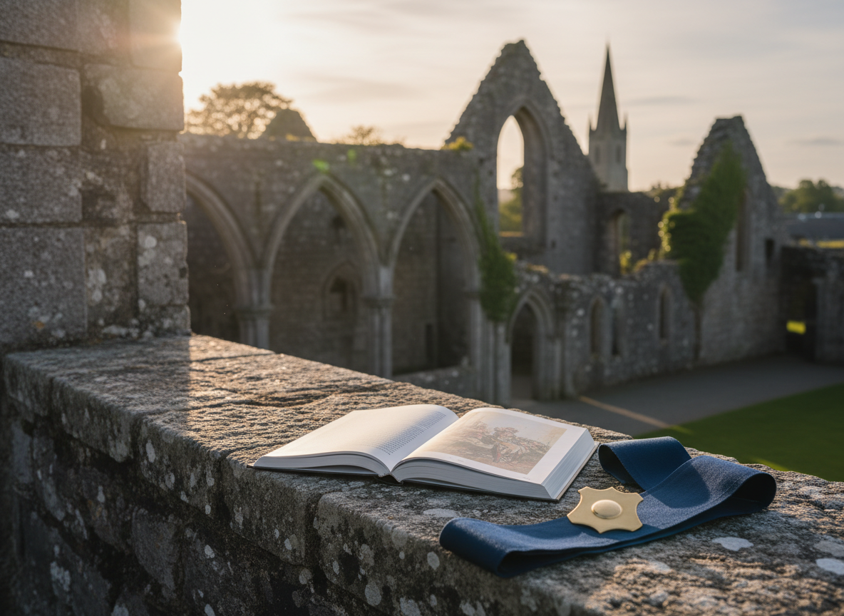 A photographic scene representing a guided tour experience at Selskar Abbey without people, showing an open guidebook and a folded, navy-blue fabric sash resting on a low stone ledge within the abbey grounds. The sash lies beside a small, polished brass badge-shaped object, subtly suggesting an organized Lions Club guide presence without any text or logos. Behind, the abbey’s grey stone walls and a distant, blurred church spire indicate the Wexford setting. Soft golden-hour sunlight enters from the side, creating warm highlights on the brass and long shadows on the stone, adding depth. Shot at eye level with shallow depth of field, the mood is professional, organized, and quietly inviting.